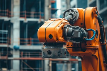 Fototapeta premium A detailed view of a robotic arm in action on a busy construction site, performing its tasks with precision and efficiency, A close-up view of an AI-powered construction robot at work, AI Generated