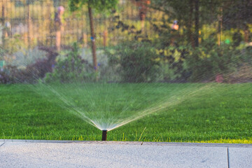 Automatic garden lawn sprinkler in action watering green grass - 727370638