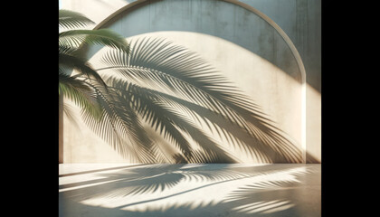 Shadow of palm leaves on white concrete light beige wall