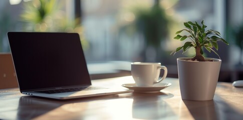 Wooden table with laptop and a cup coffee. Generate AI image