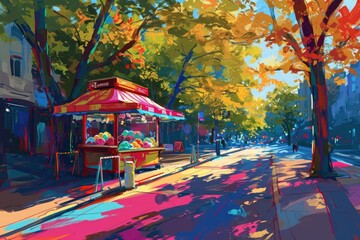 The painting depicts a lively street scene, featuring a street vendor and various activities taking place on the street, A colorful ice cream stand on a sunlit boulevard, AI Generated - obrazy, fototapety, plakaty