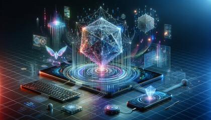 Futuristic data modeling with holographic structure, binary code, and smart city skyline.