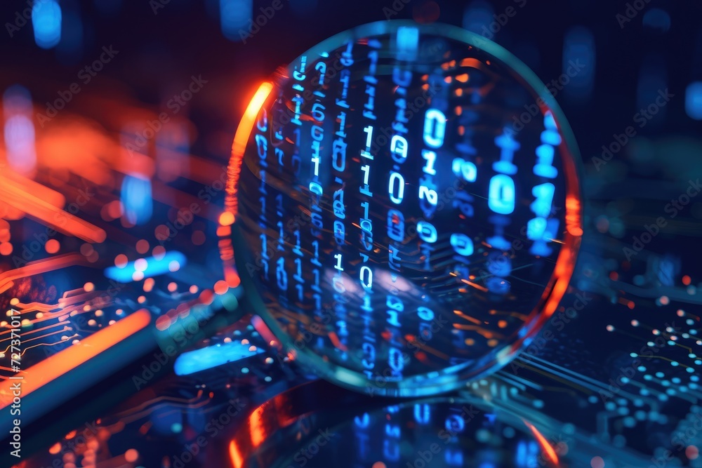 Poster magnifying glass examining computer screen, a computer under a magnifying glass with binary numbers 