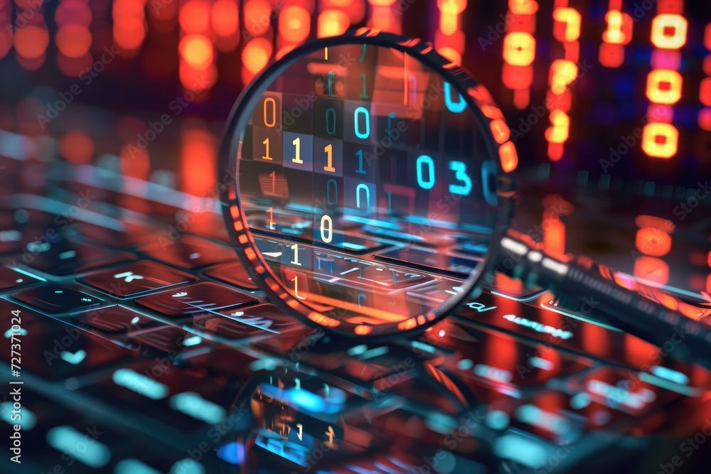 Poster magnifying glass on top of computer keyboard, a computer under a magnifying glass with binary number