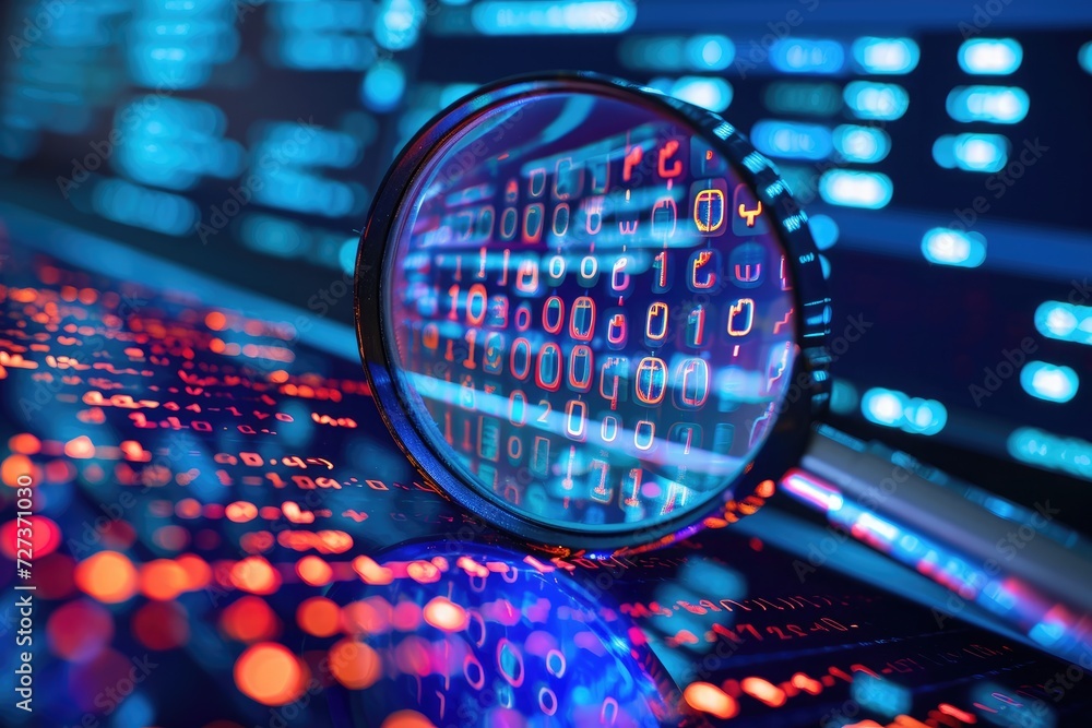 Poster a magnifying glass sits atop a computer keyboard, enabling close examination of the keys, a computer