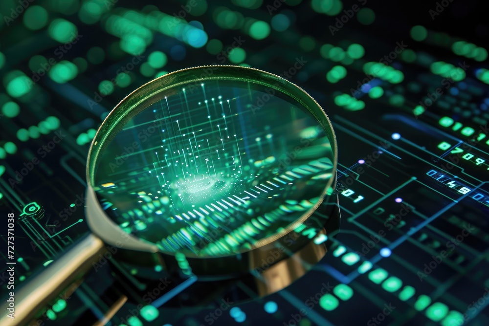 Poster a magnifying glass is placed on top of a green circuit board, magnifying the electrical components, 