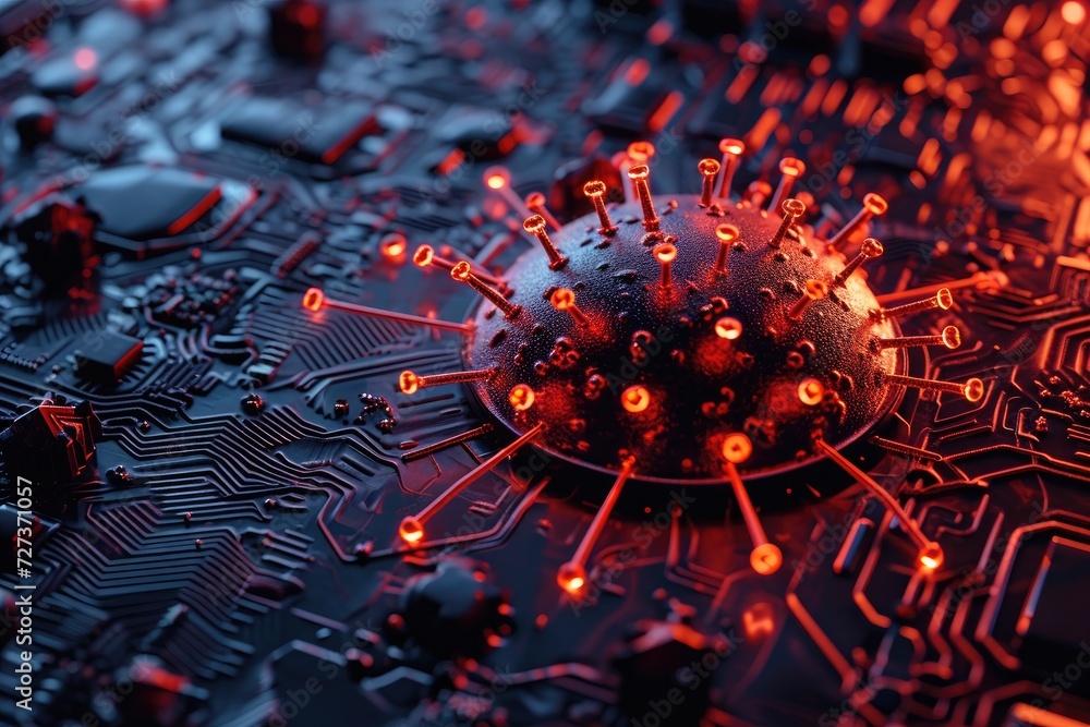 Poster a detailed view of a computer circuit board showcasing its intricate components and pathways, a comp
