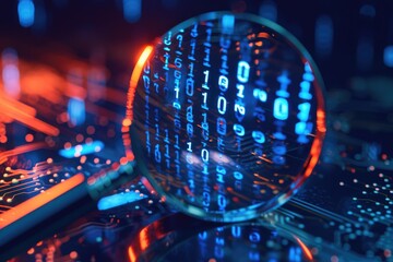 Magnifying Glass Examining Computer Screen, A computer under a magnifying glass with binary numbers symbolizing malware detection, AI Generated