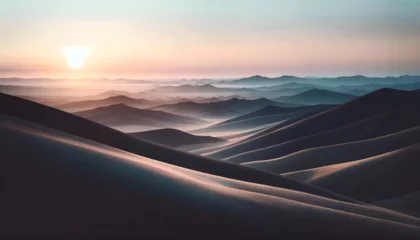 Foto op Plexiglas Warme Sonnenstrahlen über sanften Sanddünen, minimalistische Wüstenlandschaft. Entspannung und Meditation. © Ryan