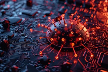 A detailed view of a computer circuit board showcasing its intricate components and pathways, A computer virus being surrounded by firewall, AI Generated