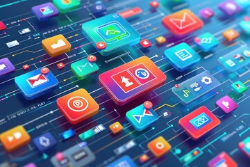 A collection of various vivid app icons arranged on a vibrant blue background, A concept of digital marketing strategy showing various platforms and channels, AI Generated