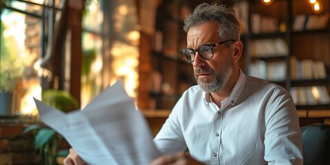 A Focused Man With Glasses Reviews Important Documents, Reflecting Dedication To Work. Сoncept Professional Work Ethic, Detail-Oriented Review, Dedication To Excellence, Analyzing Important Documents - obrazy, fototapety, plakaty