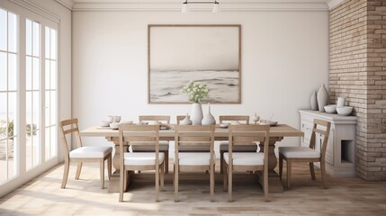 Fototapeta na wymiar Opt for neutral tones in the dining room, with white or cream walls, to create a bright and inviting farmhouse atmospherear