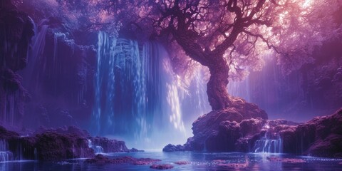 A Majestic And Breathtaking Natural Scene Adorned With A Towering Ancient Tree, Cascading Waterfalls, And Remarkable Rock Formations, Depicted In Vibrant Purple And Blue Hues A Technological Marvel