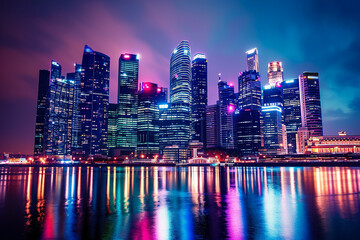 Fototapeta premium modern city skyline at night, illuminated by the colorful lights of skyscraper