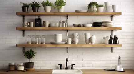 Fototapeta na wymiar Opt for open shelving to showcase stylish kitchenware and add an industrial touch to the modern kitchen designar