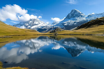 serene mountain landscape with snow-capped peaks and a tranquil lake