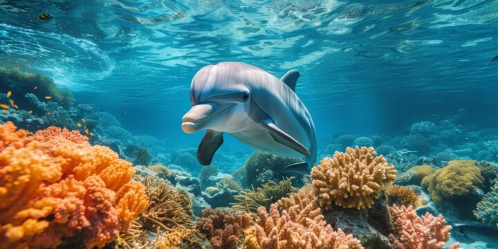 A Playful Dolphin Explores Vibrant Coral Reefs In Crystalclear Ocean Water. Сoncept Coral Reef Conservation, Marine Biodiversity, Dolphin Behavior, Underwater Photography Tips