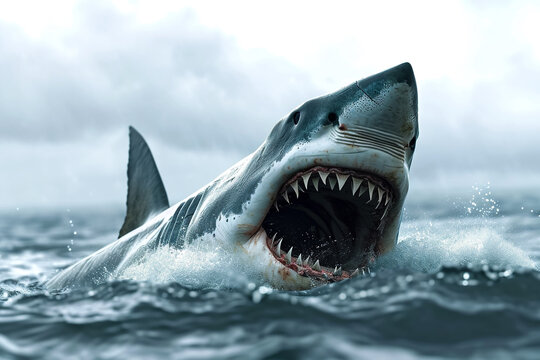 scary shark with sharp teeth and a fin that sticks out of the water