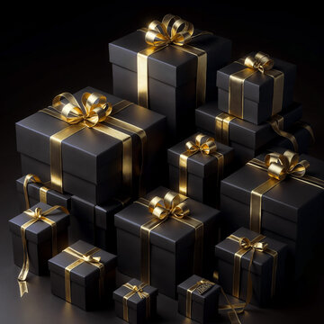 a group of black boxes with gold ribbons, a stock photo  pixabay contest winner, postminimalism, stockphoto, stock photo, black background
