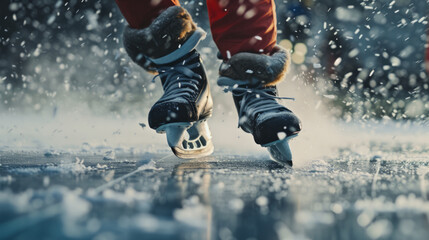 Fototapeta na wymiar Hockey players legs wearing skates on ice rink of sport arena