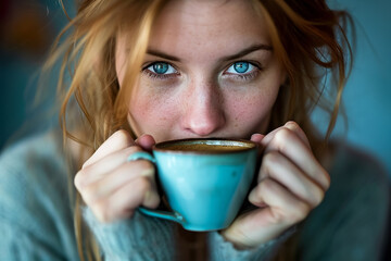 woman drinking a cup of coffee, with a look of relief on her face