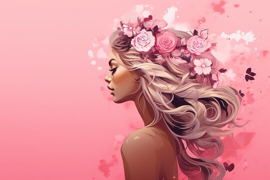 Beautiful girl with pink flowers in her hair, Vector illustration, Ai Generated