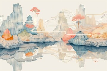 Abstract whimsical watercolor illustration of a child's imagination, featuring vibrant trees and majestic mountains in a cartoon like style. - obrazy, fototapety, plakaty