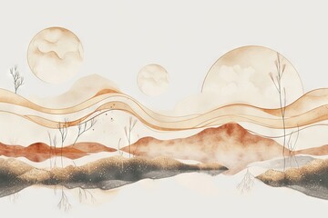 Abstract whimsical watercolor illustration of a child's imagination, featuring vibrant trees and majestic mountains in a cartoon like style. - obrazy, fototapety, plakaty