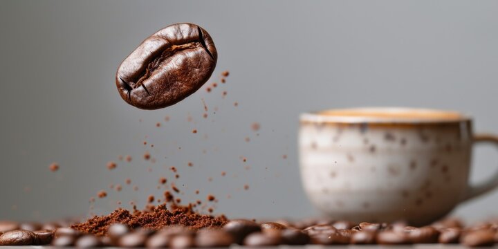 Actionpacked Image Showing A Coffee Bean Gracefully Diving Into A Frothy Cup. Сoncept Coffee Art, Frothy Delights, Dynamic Espresso, Dive Into Flavor, Coffee Adventure