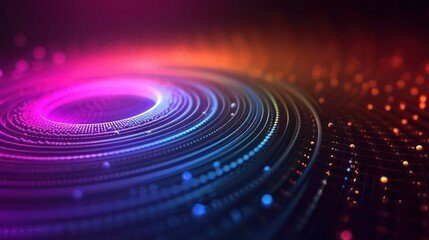 Obraz premium Vibrant neon wave lights on a circular soundwave background, futuristic RGB wallpaper. 