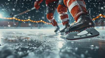 Hockey players legs wearing skates on ice rink of sport arena