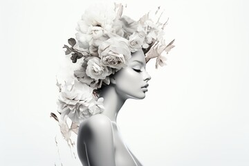 Minimal 3D Lady with flowers on Left Side on white background, Copy Space, Ai Generated