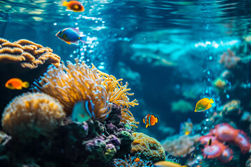 An underwater scene with colorful coral reefs and exotic fish swimming - obrazy, fototapety, plakaty