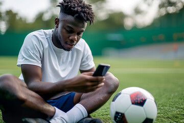footballer checking his phone for the latest betting odds during a break in play