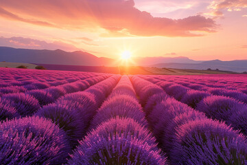  A Breathtaking Sunset Over a Serene Lavender Field Landscape"