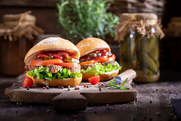 Healthy and fresh sandwich with pate, gherkins and ketchup.