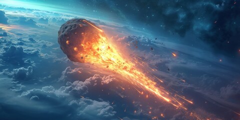 Apocalyptic Image Of A Gigantic Meteor Piercing The Atmosphere, Bringing Destruction. Сoncept Cosmic Catastrophe, Doomsday Impact, Cataclysmic Meteor, End Of The World, Apocalyptic Destruction