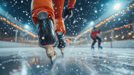 Hockey players legs wearing skates on ice rink of sport arena