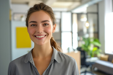 Fototapeta premium Radiant young professional woman in a gray shirt, smiling in a bright office environment.