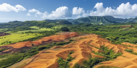 Birdseye View Of Colorful Chamarel Seven Colored Earth Geopark In Mauritius 3. Сoncept Chamarel Seven Colored Earth Geopark, Bird's Eye View, Colorful Landscapes, Mauritius, Natural Beauty