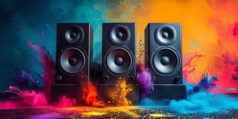 Black Sound Speakers On Colorful Paint Splash Background A Vibrant Music Experience. Сoncept Holiday Recipes, Diy Crafts, Fitness Tips, Travel Destinations, Book Recommendations