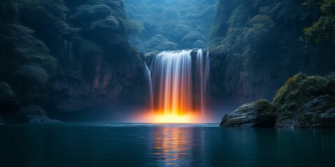 Fototapeta na wymiar Captivating Photo Of Roaring Flames Next To Majestic Zhangj Waterfall. Сoncept Fiery Waterfall, Nature's Fury, Breathtaking Power, Elemental Beauty