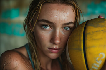 Intense gaze of a female volleyball player with wet strands of hair, a yellow ball, and a backdrop...