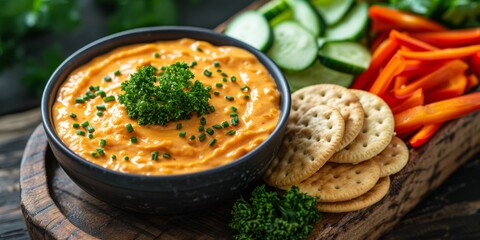 Cheese Dip In A Bowl With Crackers And Veggies On A Wooden Table