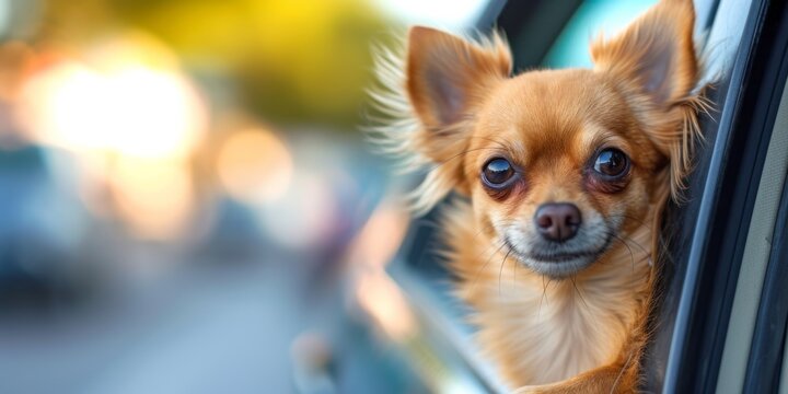 Chihuahua Dog Peeks Out Of Car Window, Captured With Selective Focus. Сoncept Impressionist Landscape Painting, Still Life With Flowers And Fruit, Abstract Expressionism