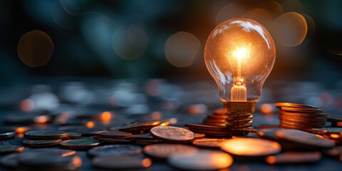 Coins Create A Stable Foundation For An Illuminating Light Bulb Metaphor. Сoncept Financial Stability, Symbolism Of Coins, Illuminating Metaphors, Building A Strong Foundation - obrazy, fototapety, plakaty