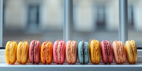 Colorful Macarons Arranged On A Windowsill, Capturing Parisian Elegance And Indulgence. Сoncept Parisian Elegance, Indulgent Macarons, Windowsill Photography, Colorful Delights
