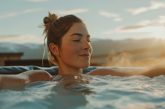 A woman enjoying a moment of relaxation in a hot tub in the late afternoon. Woman in hot tub in open landscape under golden light.
