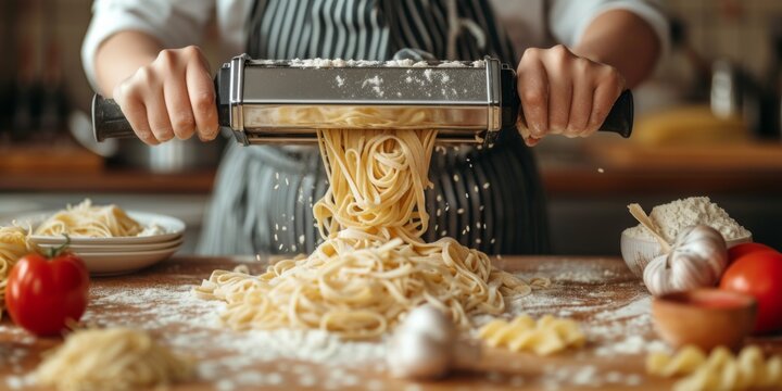 Closeup Of Woman At Wooden Table Making Homemade Noodles With Pasta Maker. Сoncept Food Photography, Homemade Pasta, Culinary Creations, Cooking At Home, Kitchen Creations